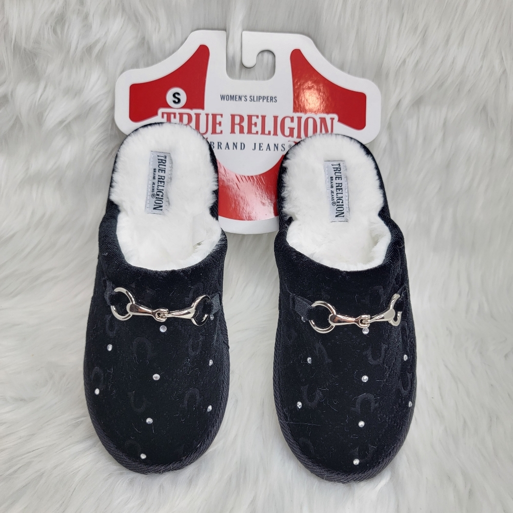 True Religion Faux Fur Bling Slippers.